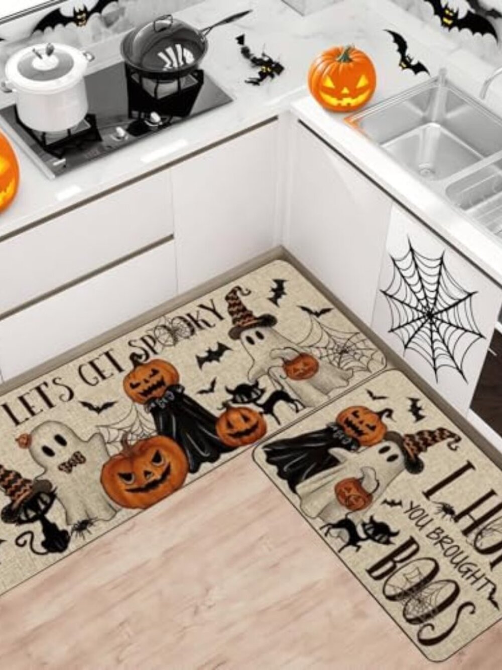Halloween Decorations Kitchen Mats 2-Pack, Black Cat Rug, 17x29-17x47